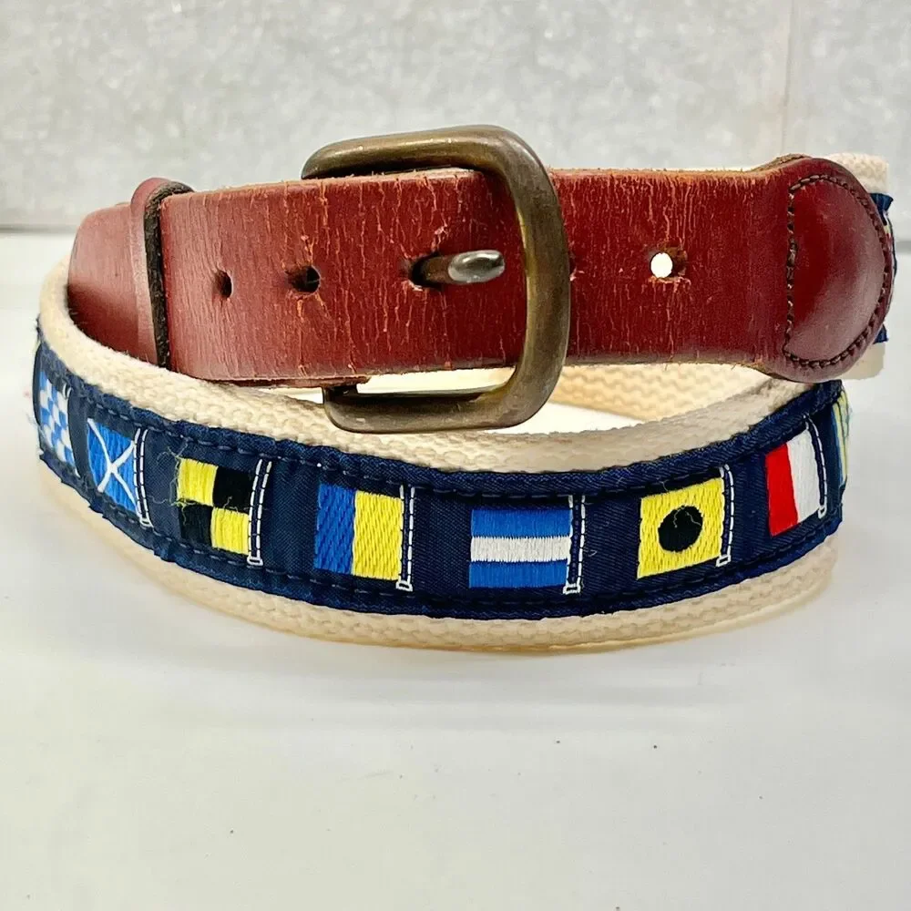 Leather Man Ltd Mens Nautical Flag Ribbon Brown Leather Belt Size 30 XS Brass
